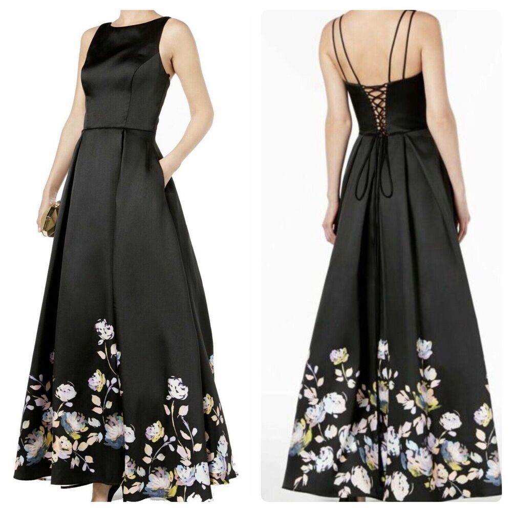 NEW Betsy & Adam Womens Size 4 Black Lace up Satin Floral Long Gown Dress A20330
